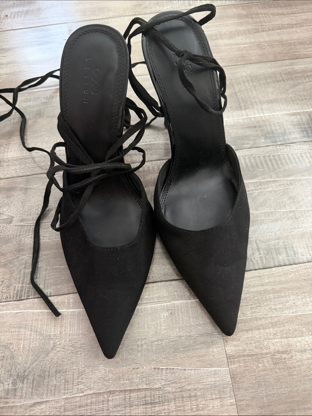 Black Pointed Lace-Up Women's Heels